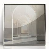 Art deco poster of silver arches in acrylic frame, muted gray tones, ideal for modern art wall decor.
