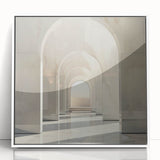 Mid-century modernist arches in neutral shades on a large framed acrylic print.