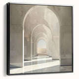 Black and white framed canvas featuring vintage poster art of architectural arches, suitable for bedroom decor.