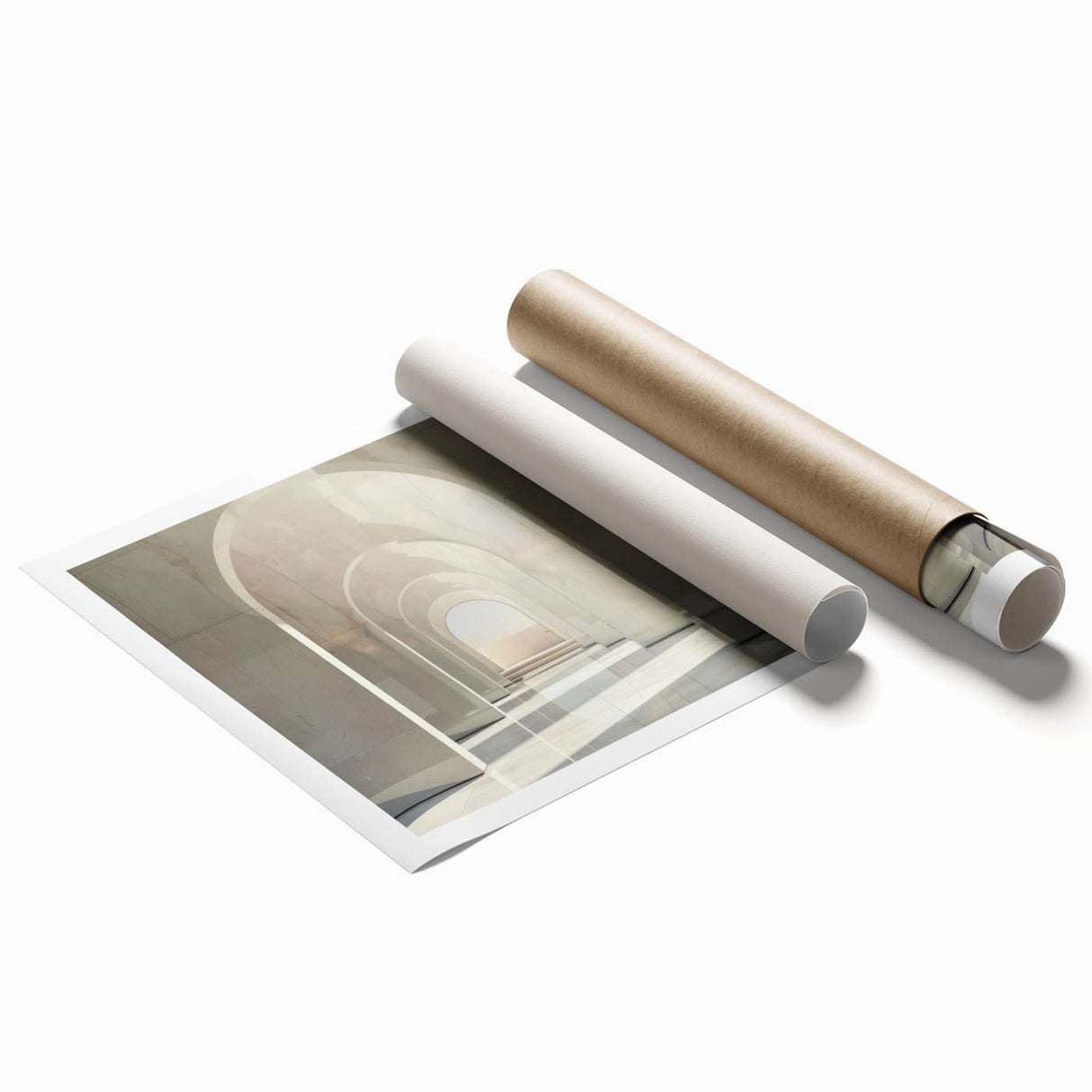 Extra large rolled print featuring a series of arches in muted beige tones, ideal for classy bathroom wall art.