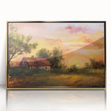 Mid-century modernist art featuring geometric arches in gold and white tones on framed acrylic.