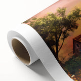 Art deco poster of symmetrical arches in muted beige and cream, printed on rolled canvas.