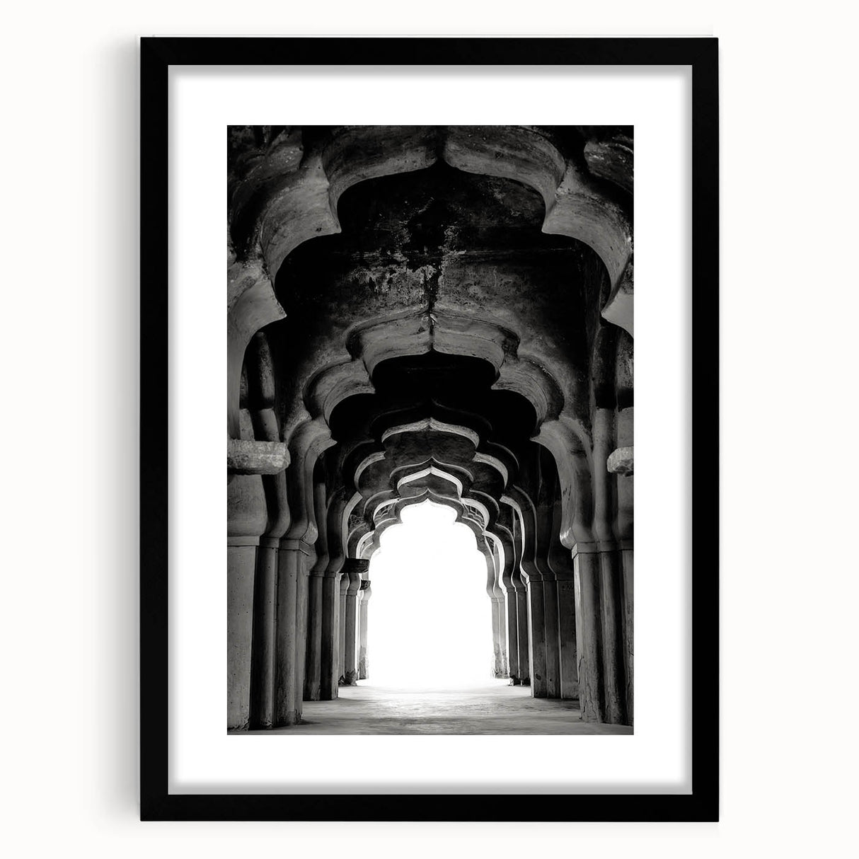 Extra large abstract art print featuring colorful, textured arches in muted earth tones on a black framed canvas.