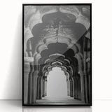 Large abstract wall art featuring mid-century modernist arch designs in black and white tones on framed acrylic.