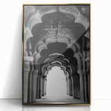 Mid-century modernist art of geometric arches in gold and black on a framed acrylic, ideal for modern art wall decor.