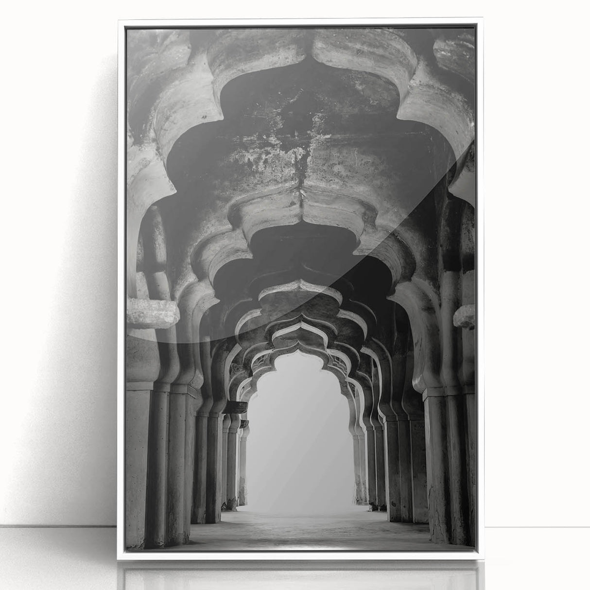 Mid-century modernist arch design in black and white, framed acrylic print, suitable for modern art wall decor.