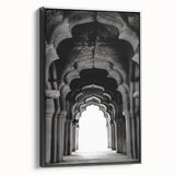 Black and white wall art featuring vintage poster art of architectural arches on framed canvas, suitable for bedroom decor.