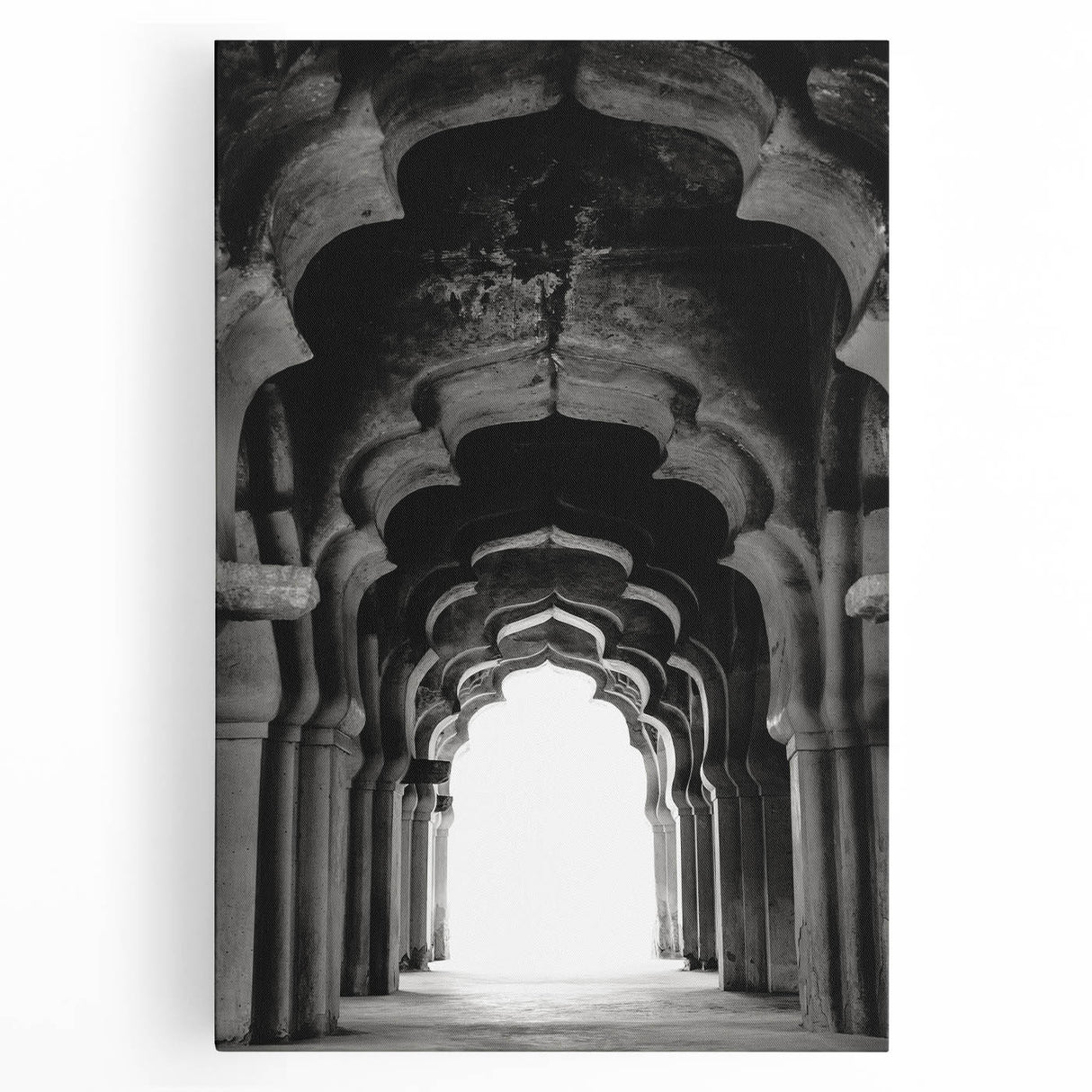 Black and white photo of architectural arches on a stretched canvas, ideal for kitchen wall art or bedroom decor.
