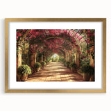 Abstract art print featuring geometric arches in muted gold and white, framed in gold.