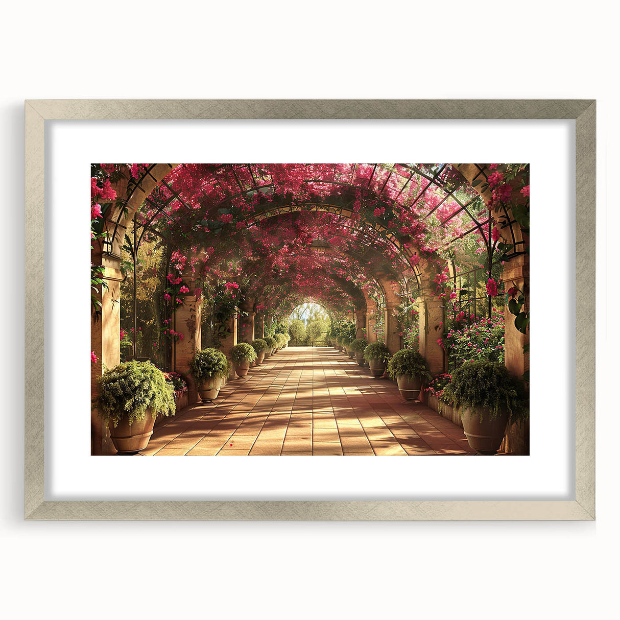 Abstract textured art print featuring curved arches in muted earth tones, framed in silver, ideal for bedroom decor.