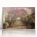 Large art print of mid-century modernist arches in muted beige and white tones on acrylic, ideal for modern nursery decor.