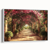 Framed canvas depicting vintage-style landscape art with colorful arches against a black background, ideal for office decor.