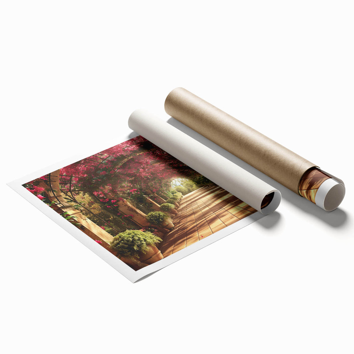 Extra large rolled print of symmetrical arches in muted beige tones, ideal for classy bathroom wall art.