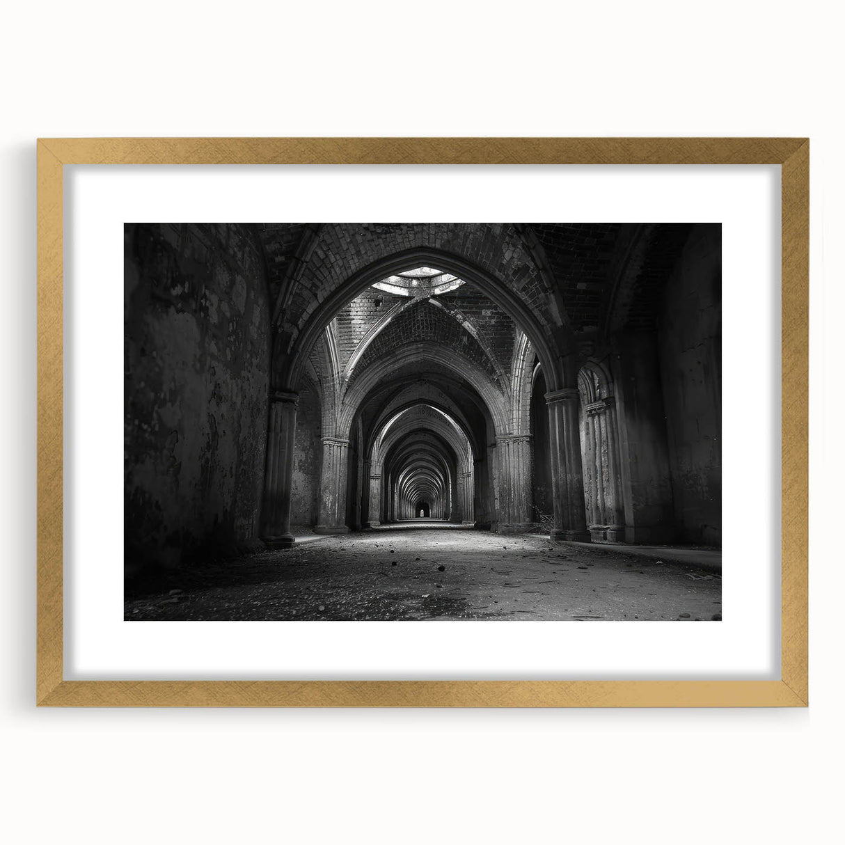 Abstract art print featuring geometric arches in gold and white tones on a framed canvas, suitable for dining room decor.