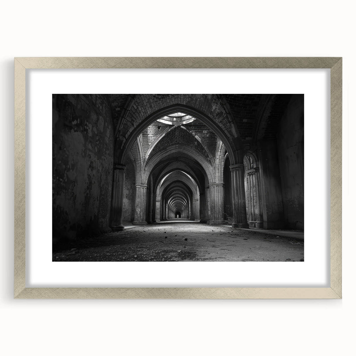 Textured abstract art print depicting arches in muted gray tones on a framed silver mat, ideal for bedroom decor.