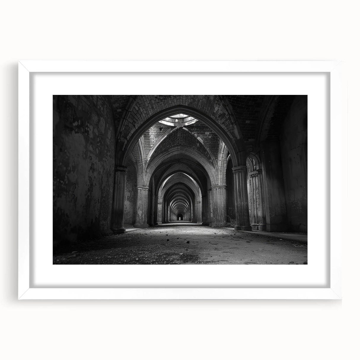 Extra large abstract art print featuring textured arch designs in neutral tones, framed in white.