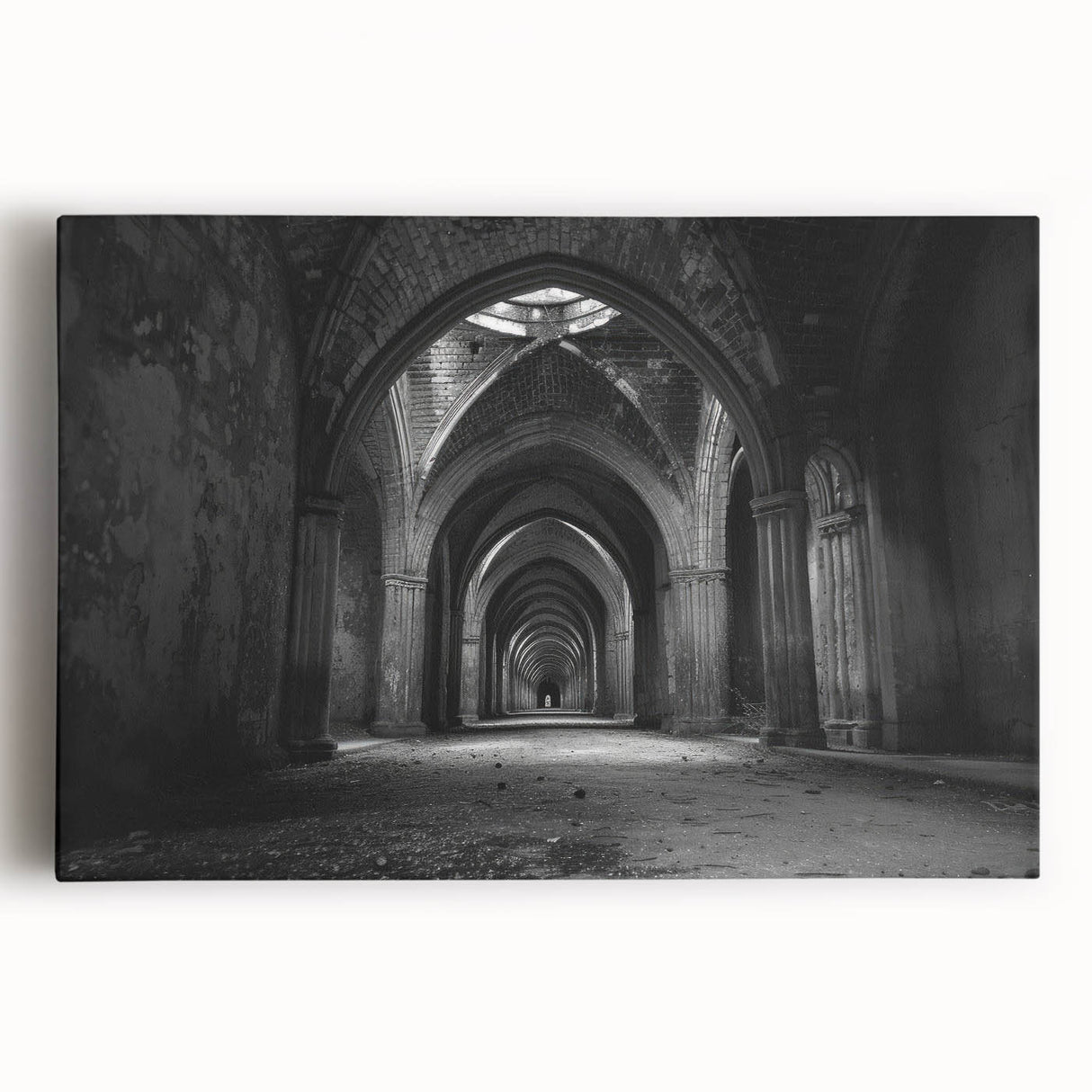 Black and white stretched canvas featuring a series of architectural arches, ideal for kitchen wall art or bedroom decor.