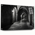 Acrylic print of large abstract wall art featuring architectural arches in muted gray tones.