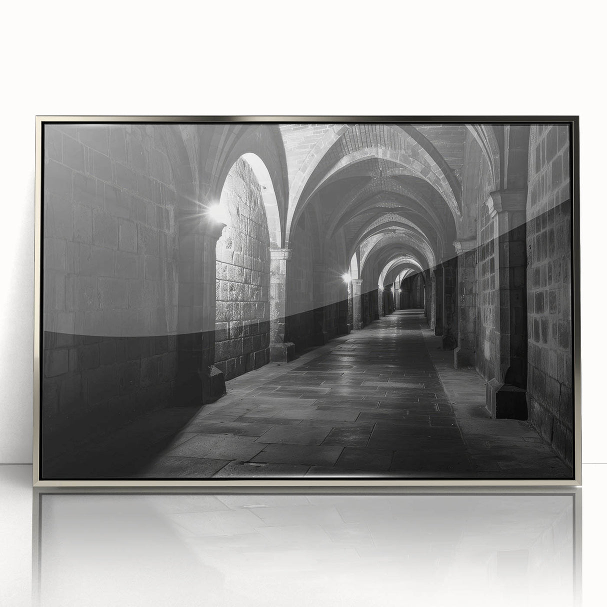Art deco poster featuring silver arches on an acrylic frame, in muted metallic tones, suitable for modern nursery decor.