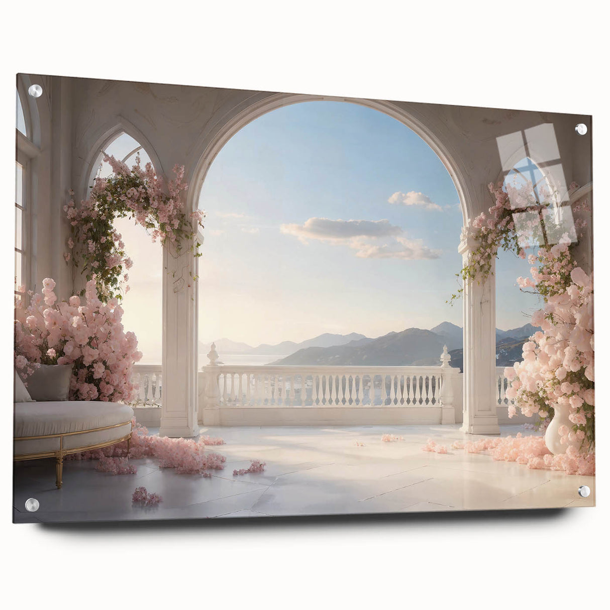 Large abstract wall art featuring architectural arches in muted gray tones on acrylic glass.
