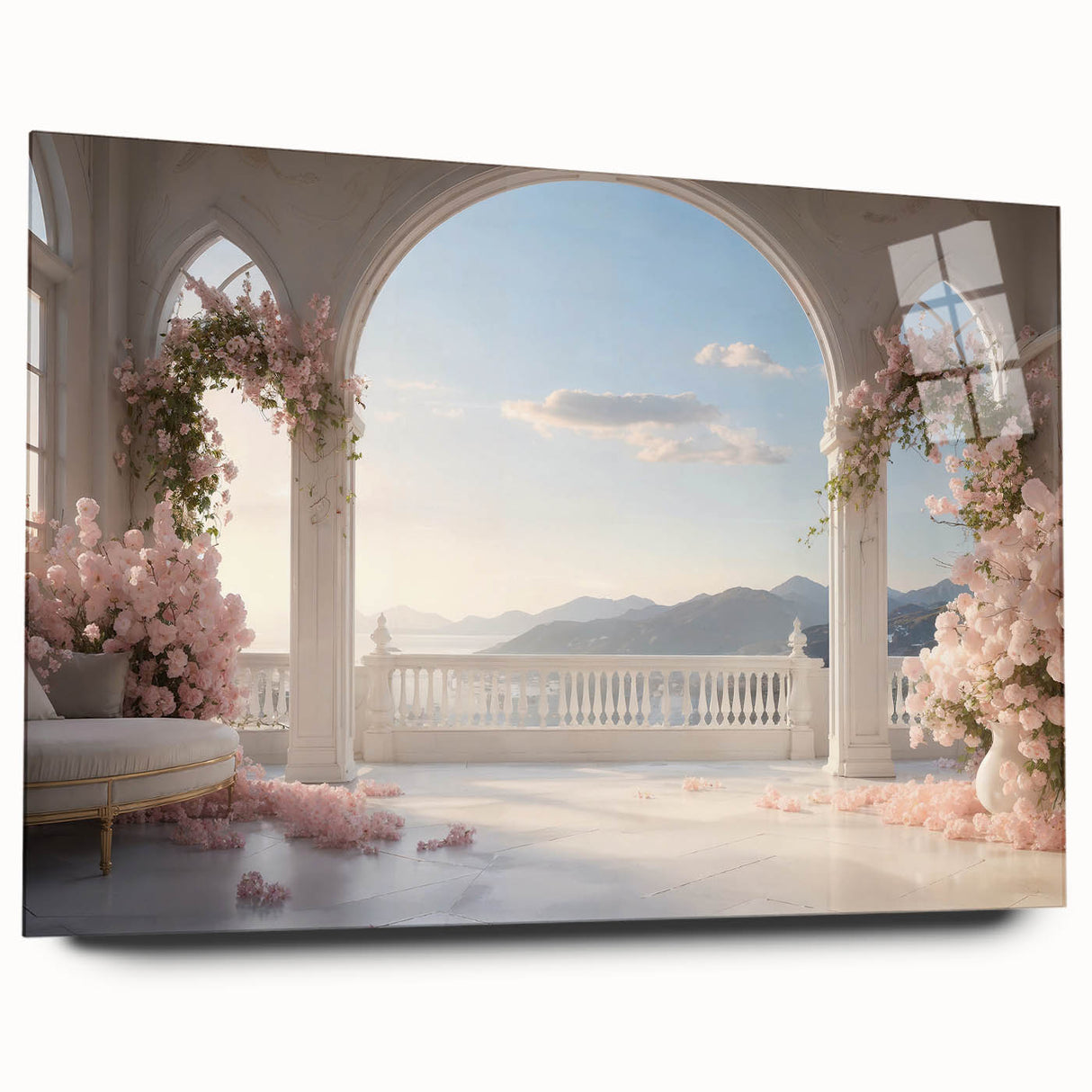 Large abstract wall art featuring geometric arches in muted earth tones on acrylic glass.