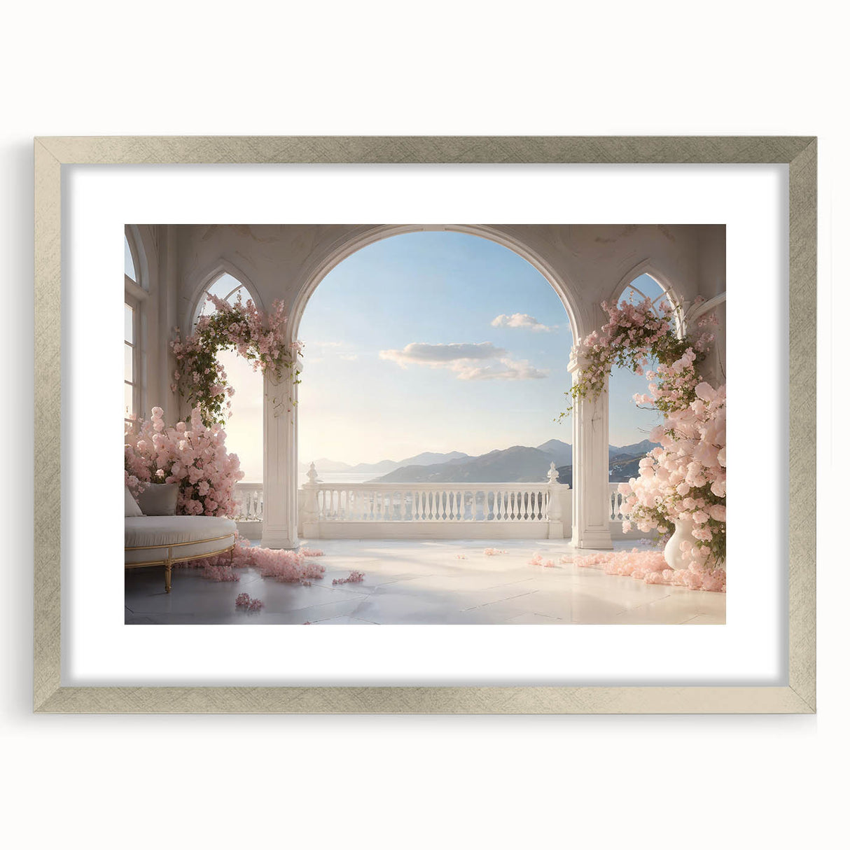 Abstract art print featuring geometric arches in muted gray, framed in silver, ideal for modern bedroom or dining room decor.