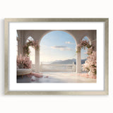 Abstract art print featuring geometric arches in muted gray, framed in silver, ideal for modern bedroom or dining room decor.