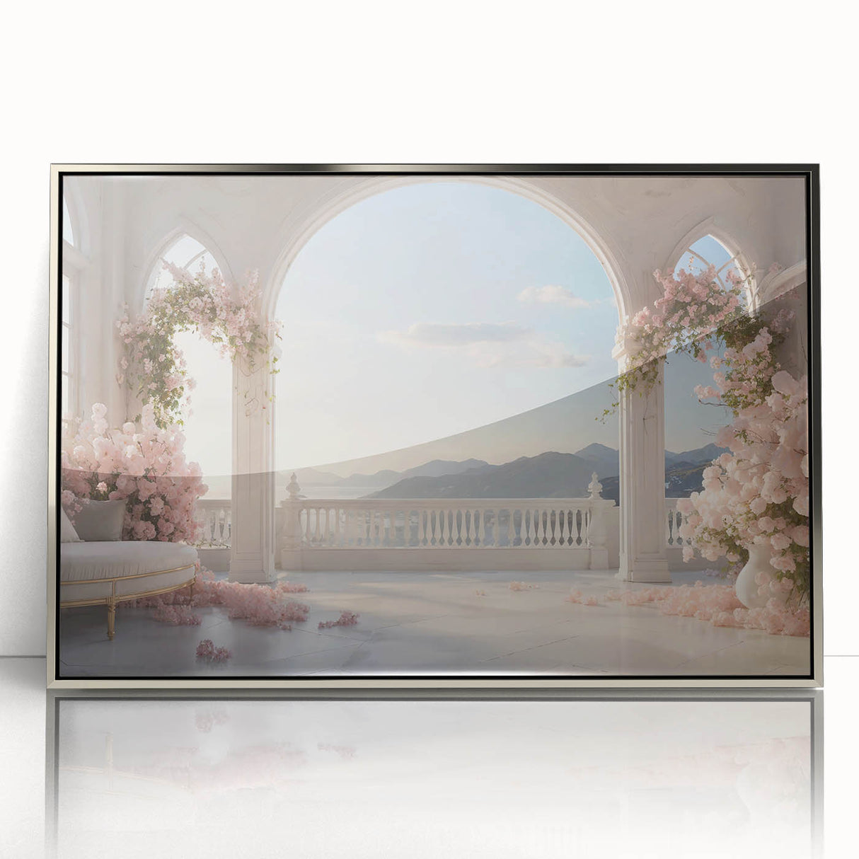 Art deco poster of silver architectural arches on acrylic, ideal for modern nursery wall decor.