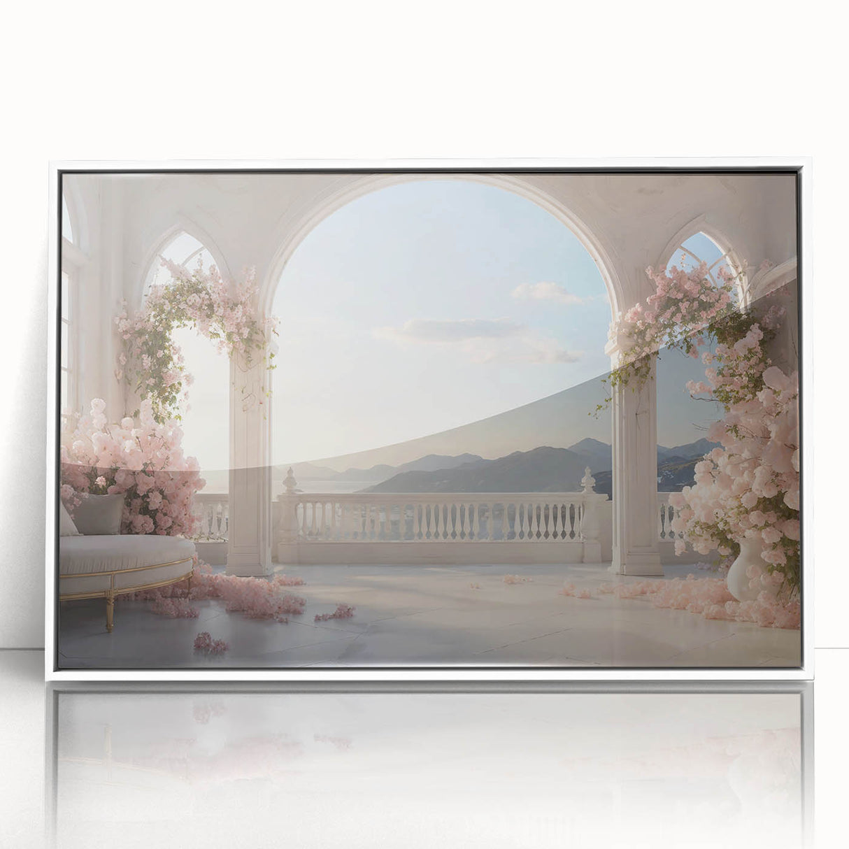 Large art print of mid-century modernist arches in muted gray, framed acrylic, ideal for modern art wall decor.