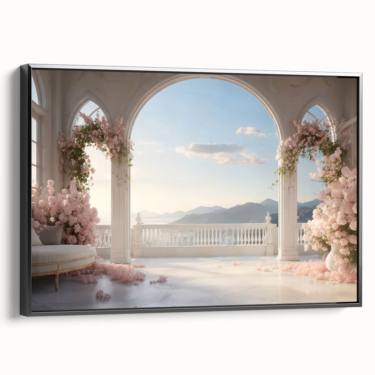 Black and white framed canvas featuring a vintage poster of architectural arches, ideal for bedroom wall decor.