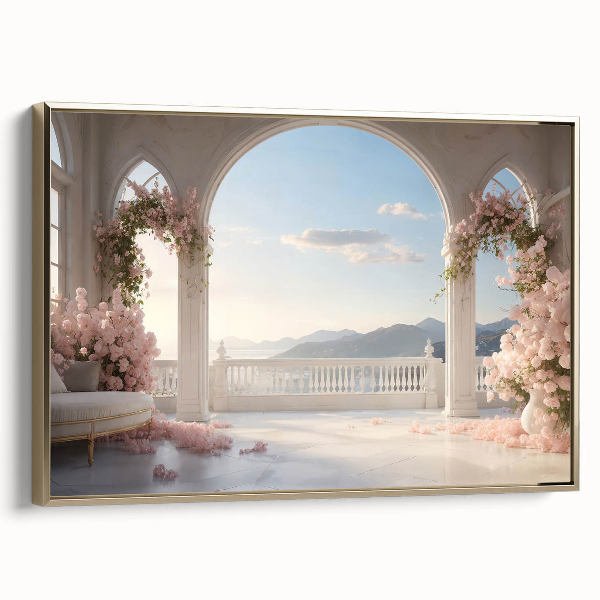 Vintage poster art of colorful arches in black, gold, and beige on a framed canvas, ideal for living room decor.