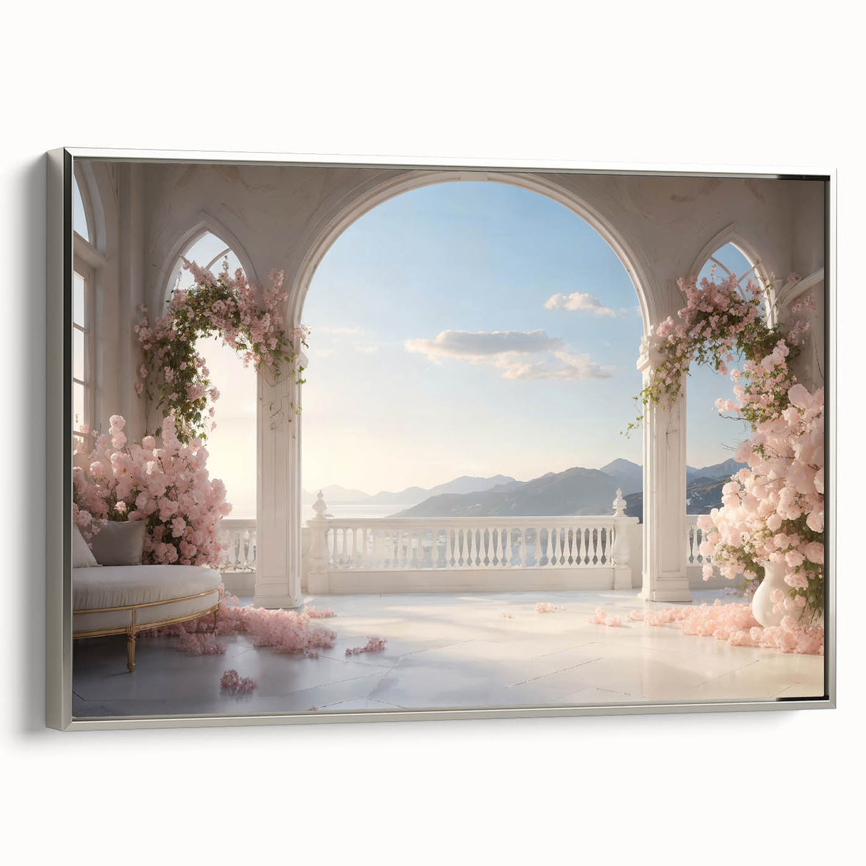 Framed canvas featuring a monochrome landscape with architectural arches in a vintage poster style.