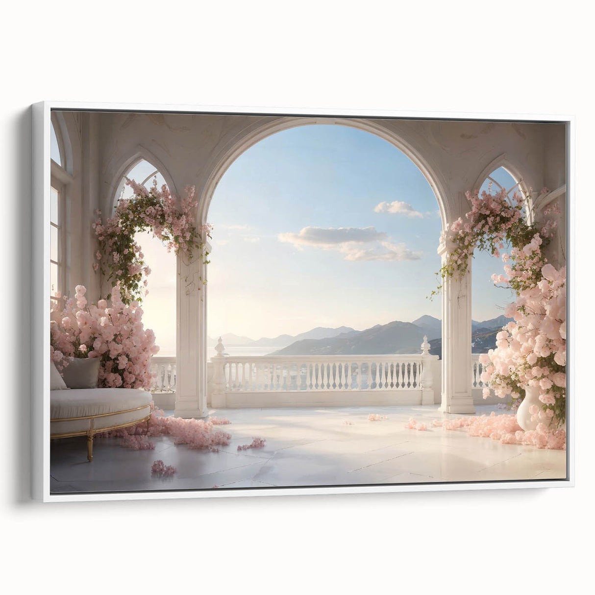 Framed canvas of a vintage-style landscape painting featuring colorful arches.