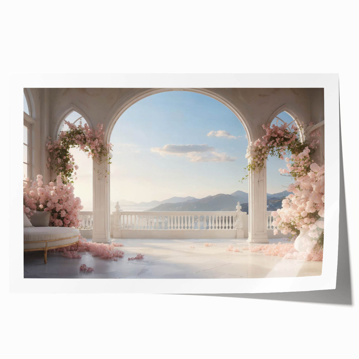 Extra large rolled print of arches in architectural design with muted earth tones, ideal for dining room wall art.