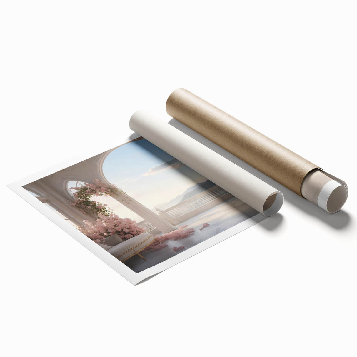 Extra large rolled print featuring a series of arches in muted beige tones, ideal for classy bathroom wall art.