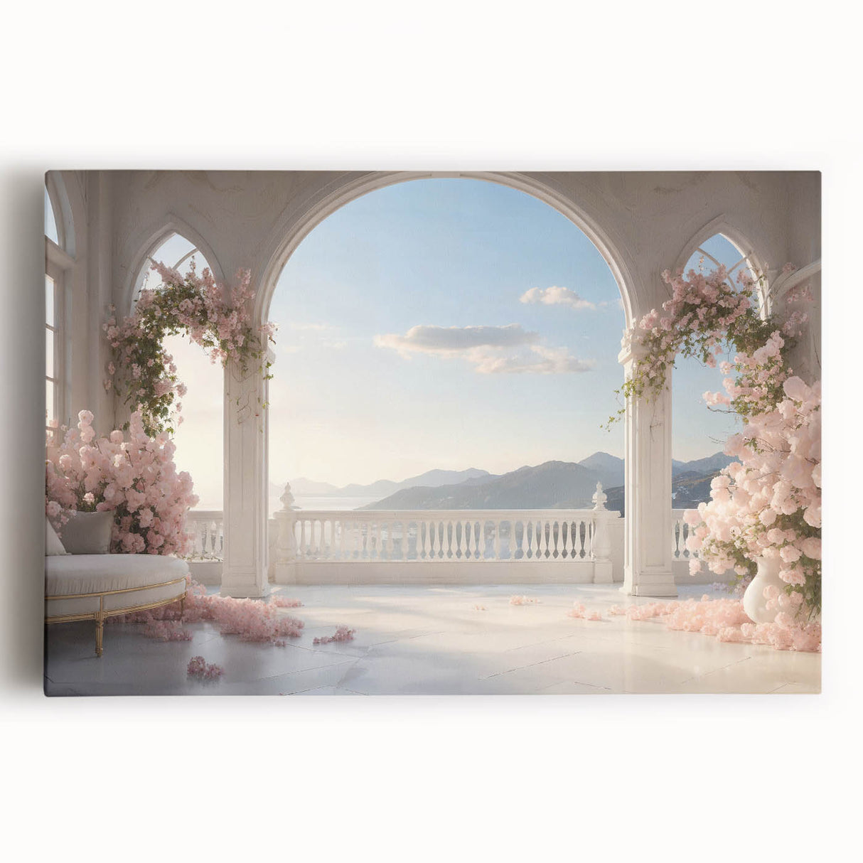 Black and white photo of architectural arches on stretched canvas, ideal for kitchen wall art or bedroom decor.