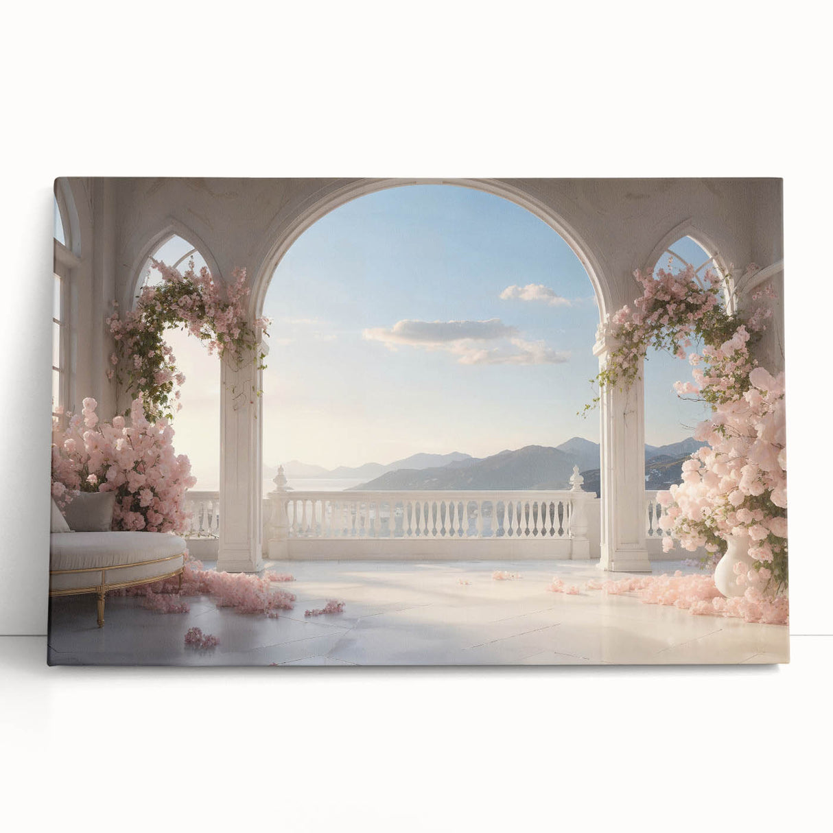 Black and white photo of architectural arches on stretched canvas, suitable for kitchen art.