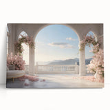Black and white photo of architectural arches on stretched canvas, suitable for kitchen art.