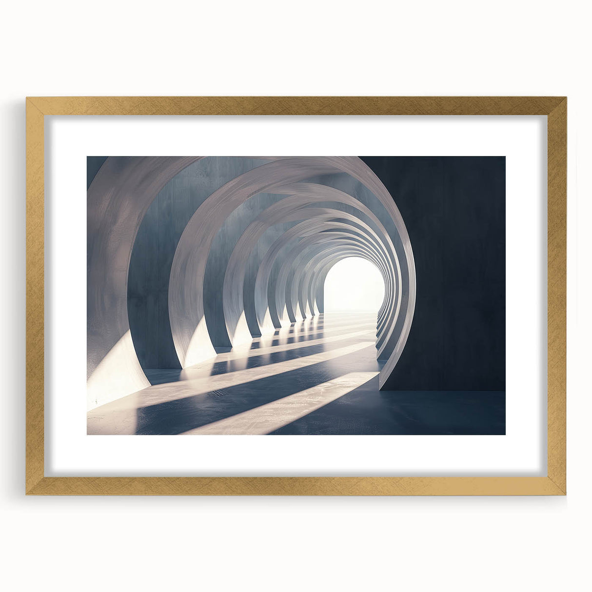 Abstract art print featuring geometric arches in muted gold and white tones on a framed canvas.