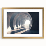 Abstract art print featuring geometric arches in muted gold and white tones on a framed canvas.