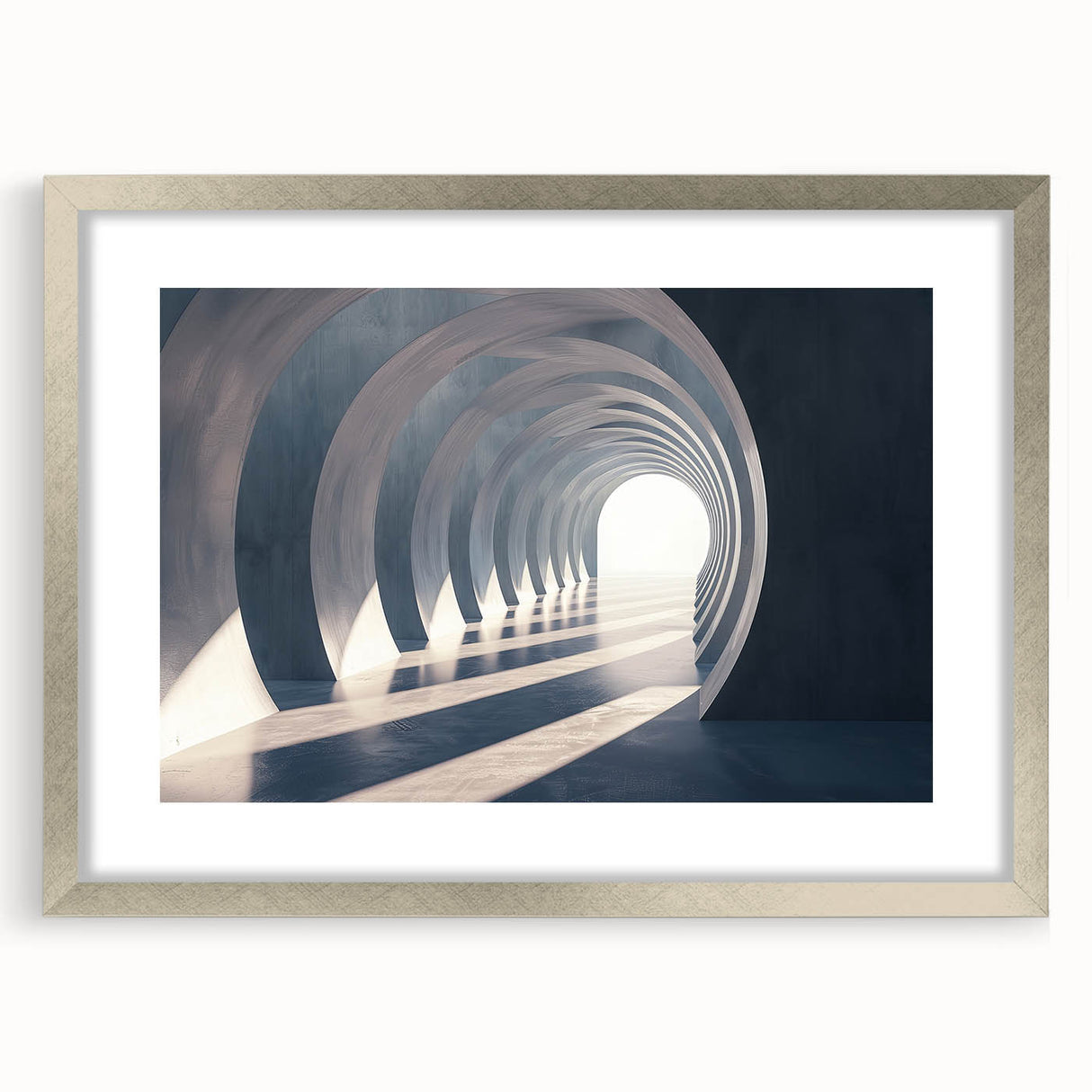 Textured abstract art print featuring curved architectural forms in muted beige, framed with a silver mat.