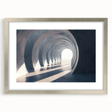 Textured abstract art print featuring curved architectural forms in muted beige, framed with a silver mat.