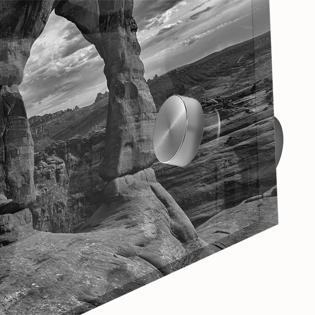 Large abstract wall art featuring overlapping arches in muted earth tones on acrylic glass.