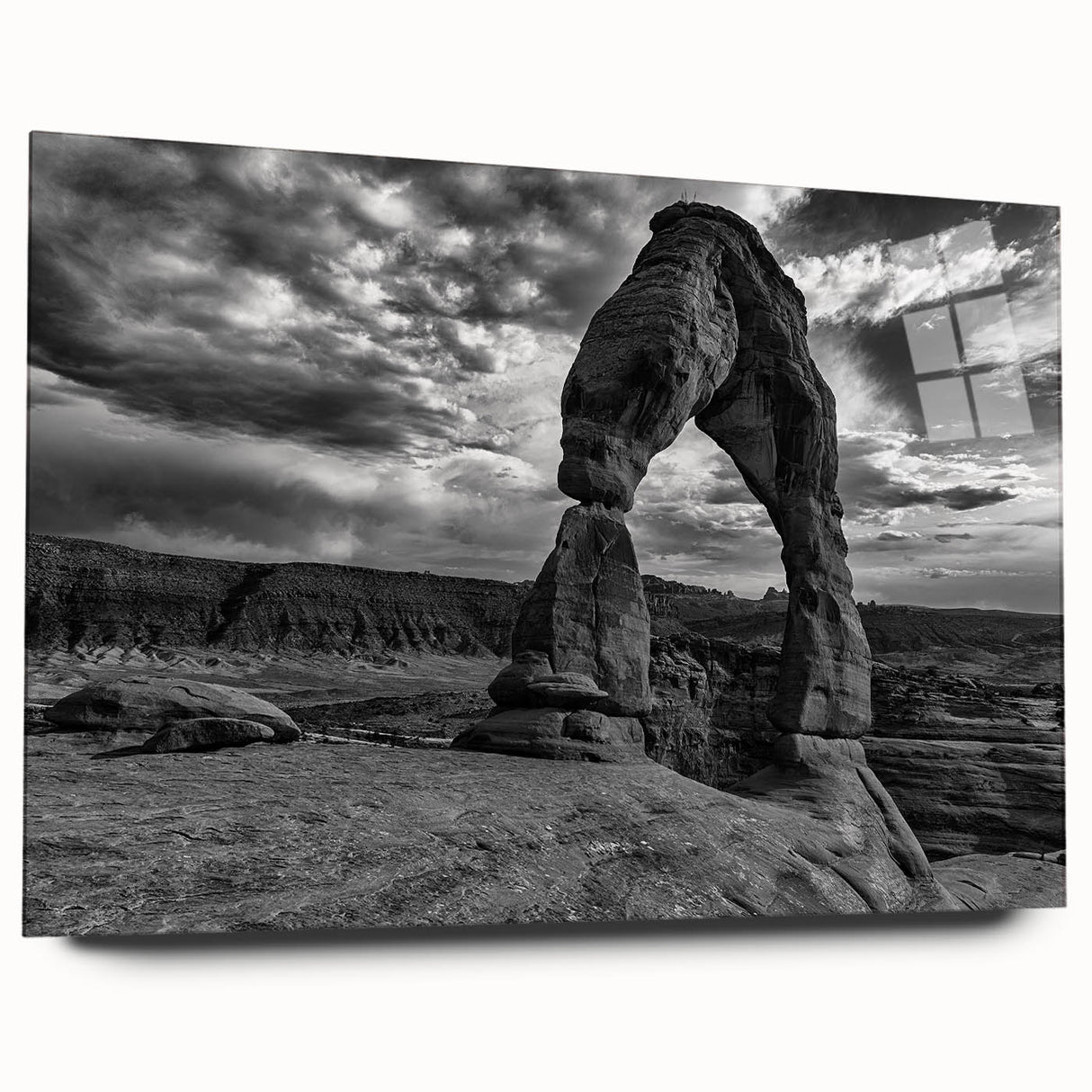 Large abstract wall art featuring curved architectural forms in monochrome shades on acrylic glass.
