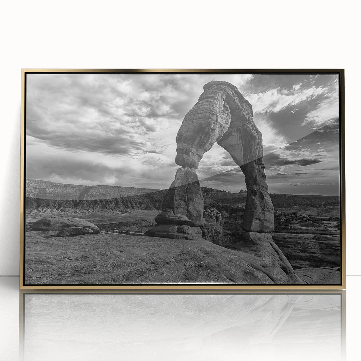 Art deco poster featuring geometric arches in gold and black on acrylic, ideal for modern art wall decor.