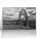 Mid-century modernist arch design in neutral tones on a framed acrylic print, suitable for modern art wall decor.