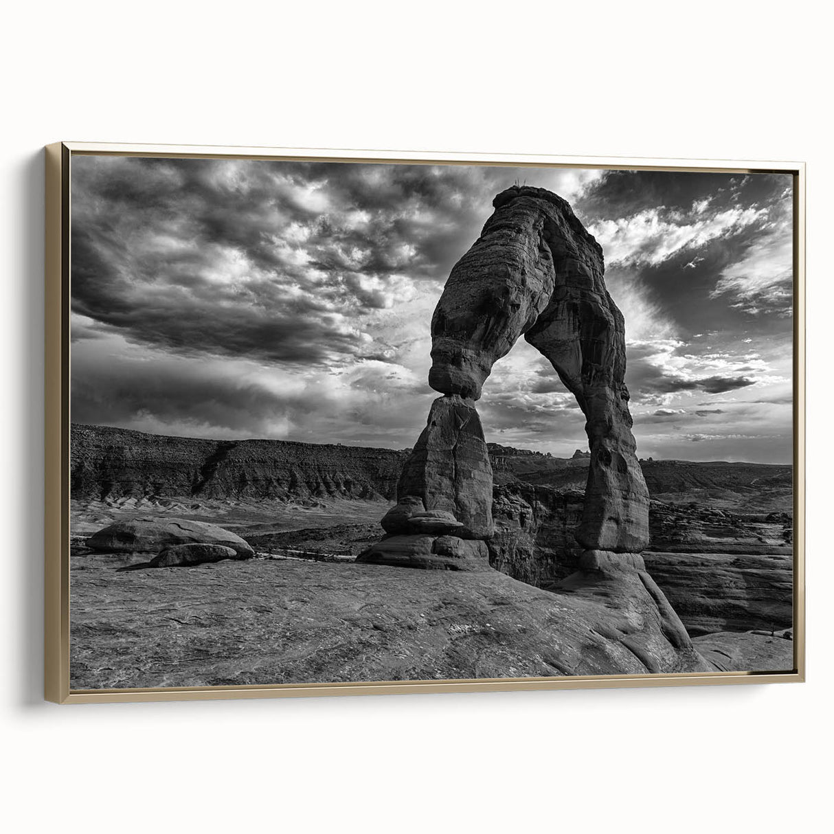 Framed canvas featuring a vintage landscape painting with colorful arches and black background, ideal for office decor.