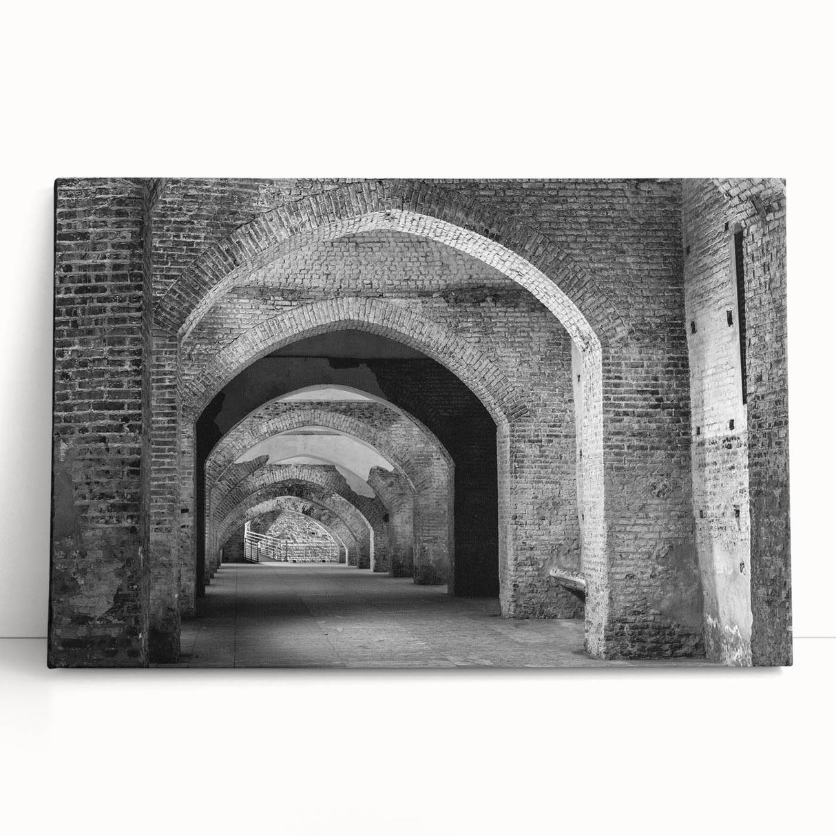 Black and white photo of architectural arches printed on large stretched canvas, suitable for kitchen wall art.