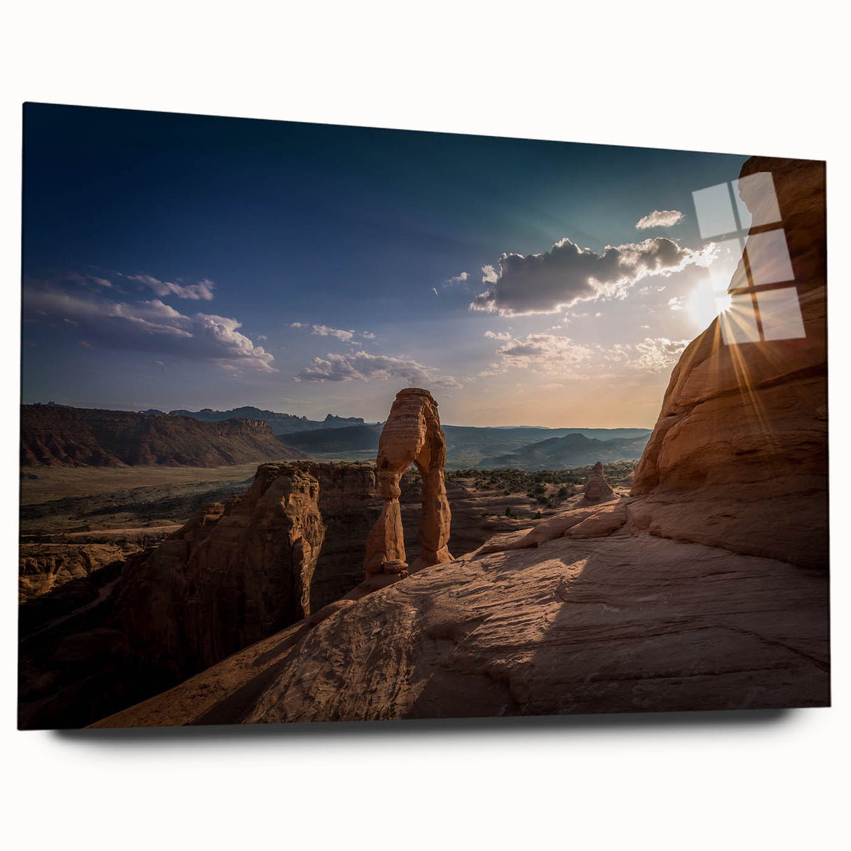 Large abstract wall art featuring curved architectural forms in soft beige tones on acrylic glass.