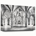 Large abstract wall art of architectural arches in muted beige and white on acrylic glass.